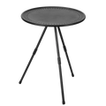 Black metal portable picnic camping table with perforated round top and adjustable aluminum tripod legs