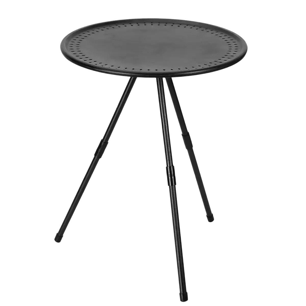 Black metal portable picnic camping table with perforated round top and adjustable aluminum tripod legs