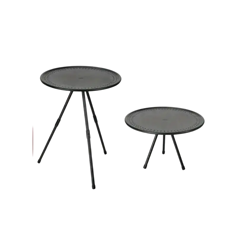Black metal portable picnic camping table with round top and adjustable aluminum tripod legs for outdoor use