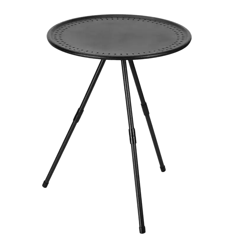 Black metal portable picnic camping table with perforated circular top and tripod adjustable aluminum legs