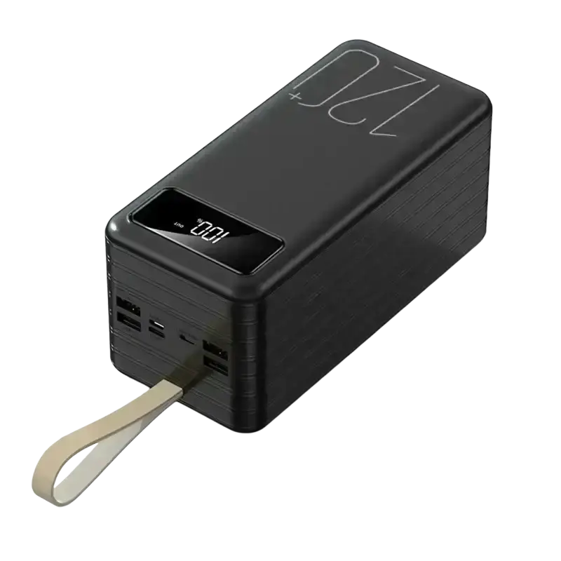 Black rectangular portable power bank with 120000mah capacity fast charging digital display and beige carrying strap