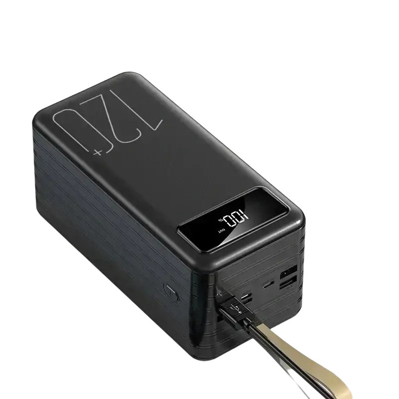 Black rectangular portable power bank 120000mah with digital display 100 charge fast charging multiple usb ports textured surface