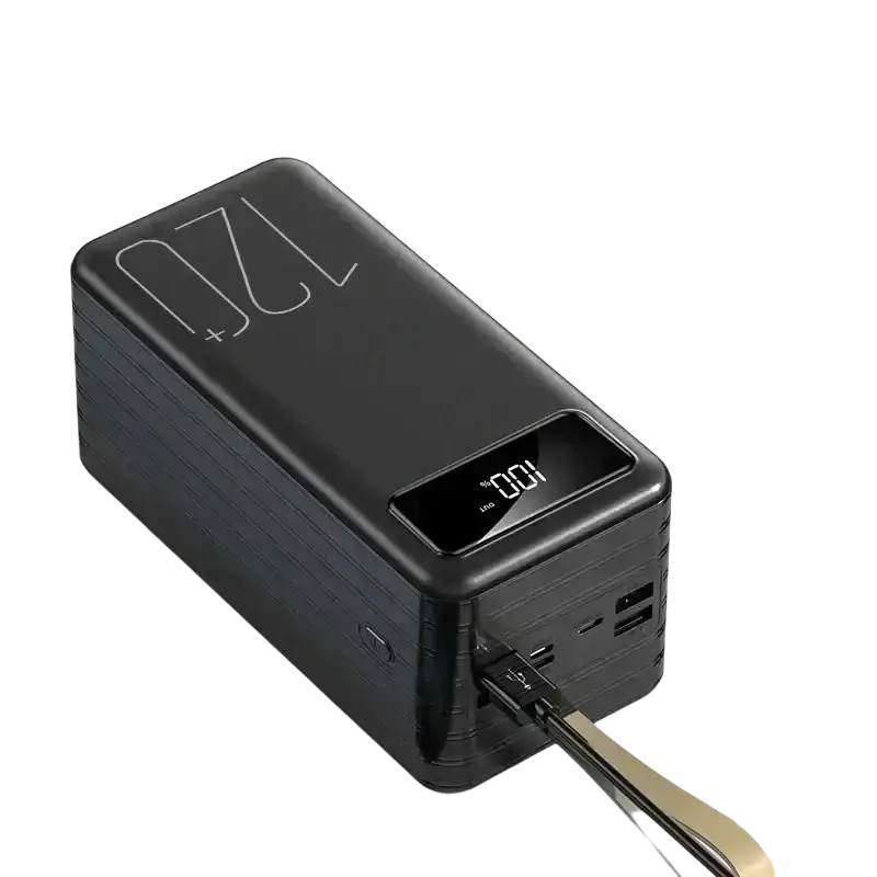 Black rectangular portable power bank with digital display showing 100 charge and 720 plus branding for fast charging