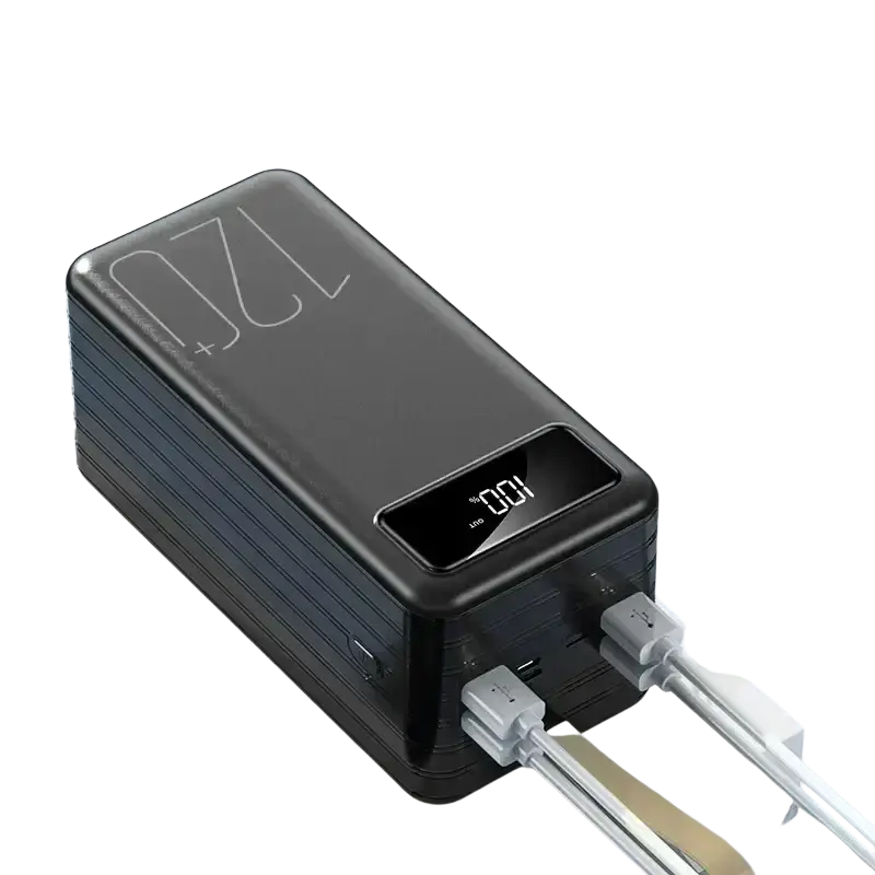 Black rectangular portable power bank 120000mAh with digital display 100 charge and 66w fast charging USB ports