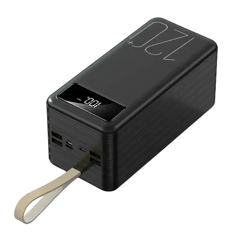 Black rectangular portable power bank 120000mAh with digital display 100 percent charge multiple USB ports and beige strap for fast charging