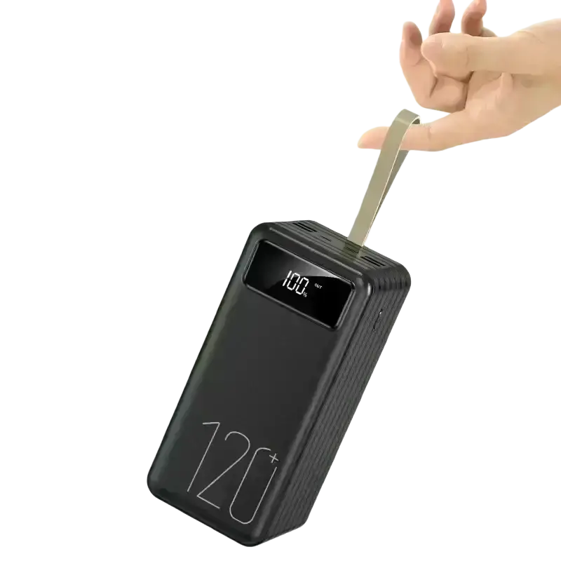 Black textured portable power bank with digital display showing 100 percent and 120000mah fast charging capability