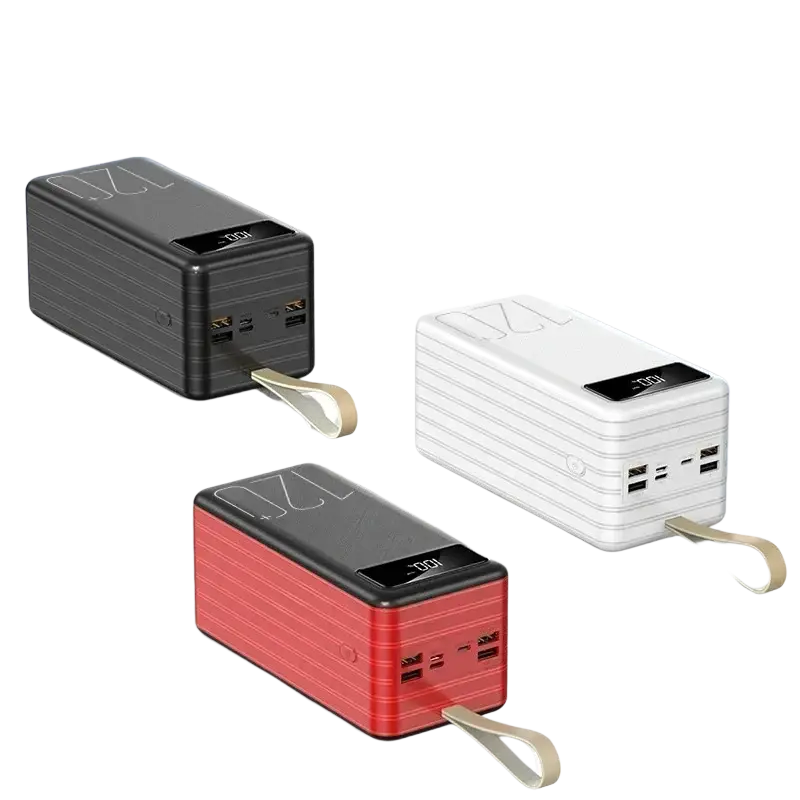 Portable power bank 120000mAh 66w fast charging with textured surface, digital display, multiple USB ports, and carrying strap