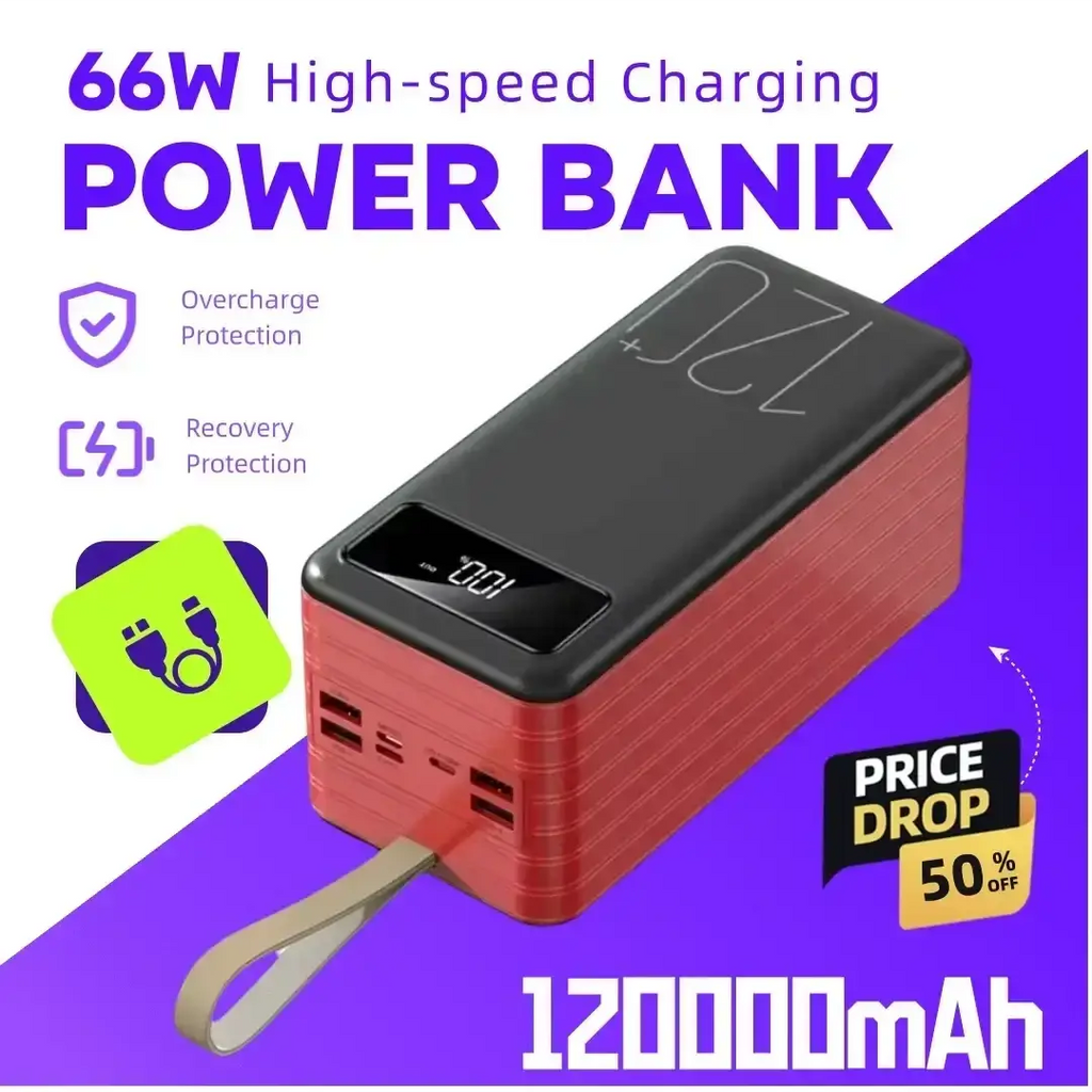 Red and black portable power bank 120000mah with 66w fast charging and digital display showing 100 battery level