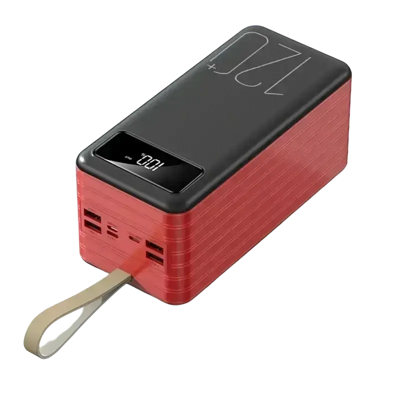 Portable power bank 120000mah 66w fast charging with textured red body digital display and beige wrist strap