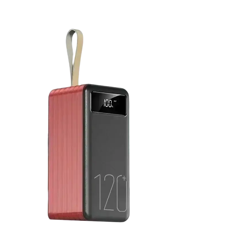 A sleek two-toned portable power bank with textured rose gold side and lcd showing 100% fast charging at 120000mah