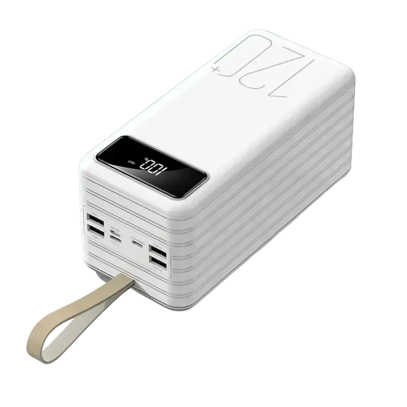 White portable power bank with 120000mAh capacity, fast charging, digital display, multiple USB ports, and beige wrist strap