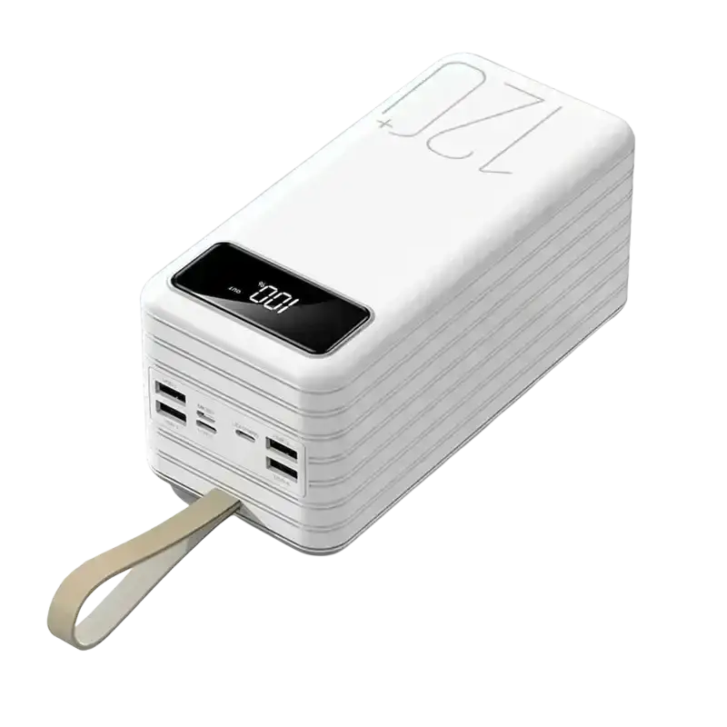 White rectangular portable power bank 120000mah with digital display 100 fast charging multiple usb ports and beige strap