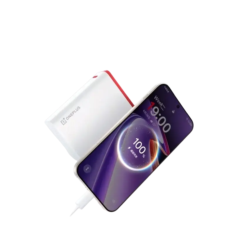 White and red OnePlus 120w fast charging portable power bank with sleek rectangular design for Oppo devices