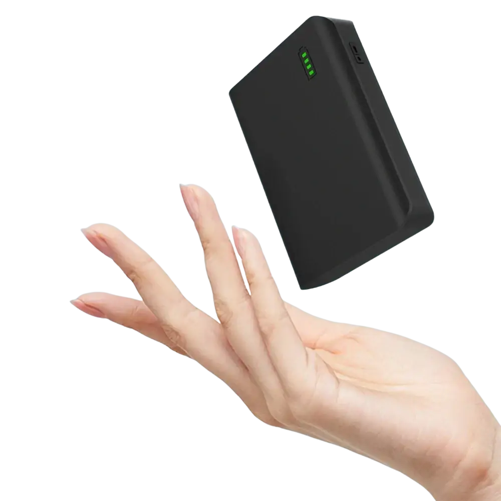 Black compact portable power bank battery pack with green led indicator and usb port for 12v portable power use