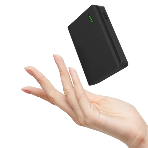 Black compact portable power bank battery pack with green led indicator and usb port for 12v portable power use