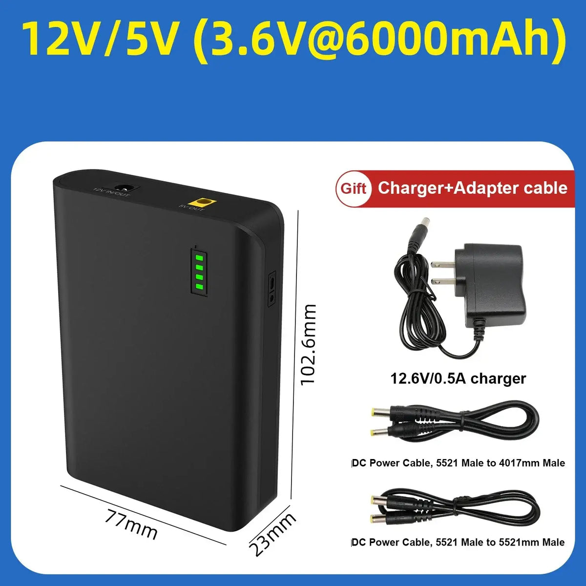 Black rectangular portable power bank 12v lithium battery pack with green led battery indicator and input output ports