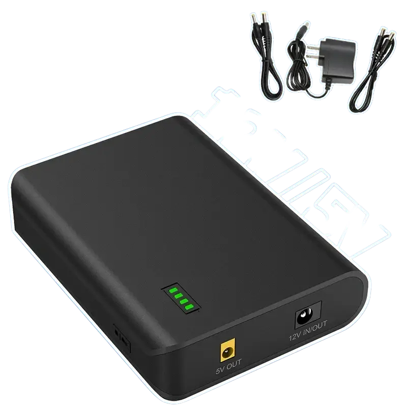 Black rectangular portable power bank battery pack with 9600mah capacity and dual 12v portable power output ports