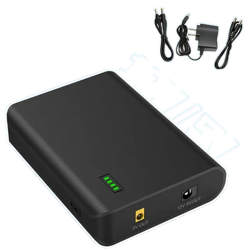 Black rectangular portable power bank battery pack with 9600mah capacity and dual 12v portable power output ports