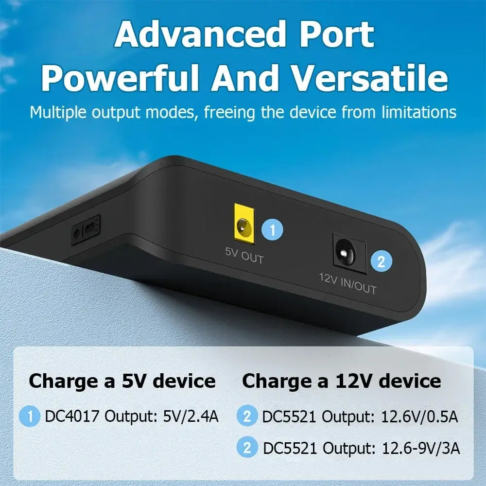 Black rectangular portable power bank battery pack with 5v output and 12v input output for versatile 12v portable power charging
