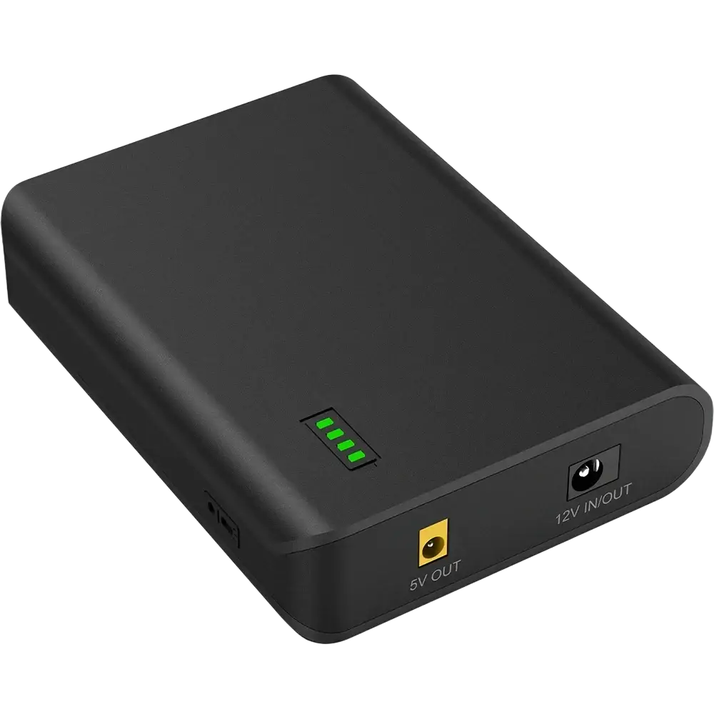 Portable power bank 12v lithium battery pack with black matte finish, green led indicators, and gold output ports