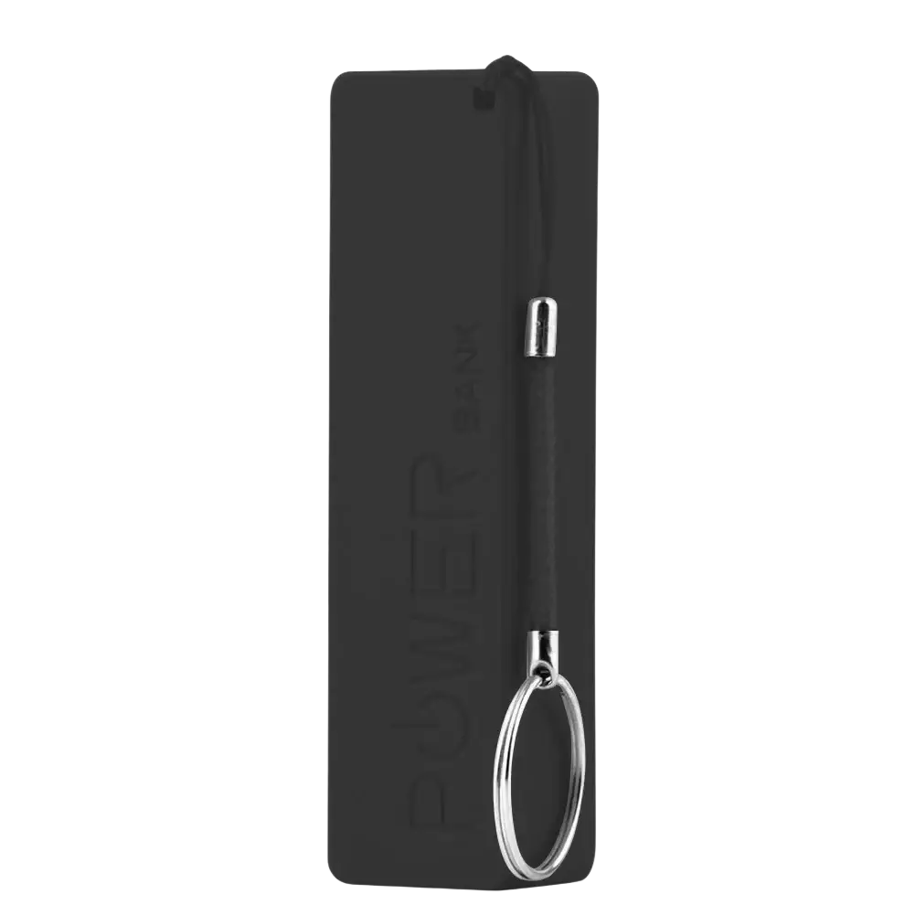 Black rectangular portable power bank with silver keychain loop and micro usb for 18650 battery charging