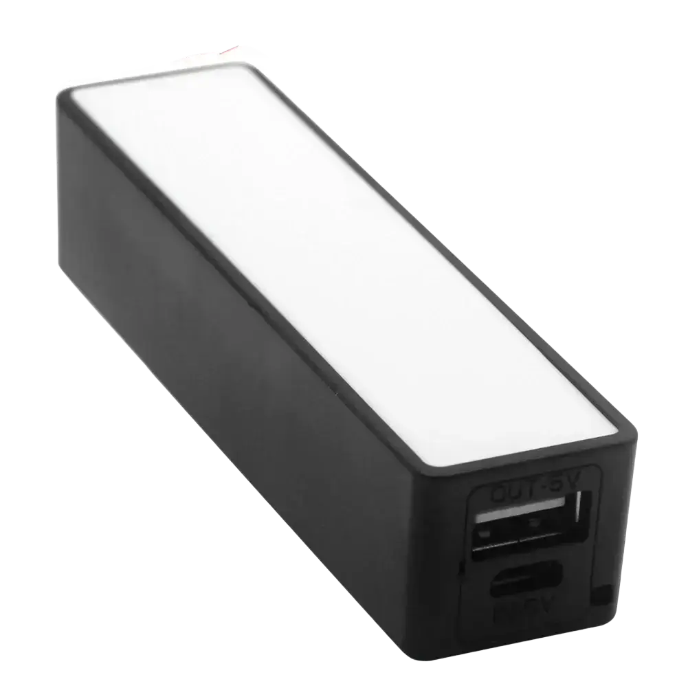 Black rectangular portable power bank with illuminated top surface and micro usb ports for 18650 battery use