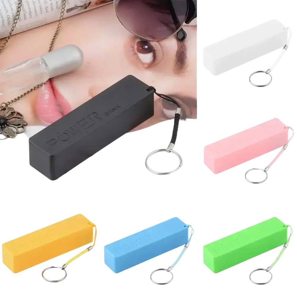 Black rectangular portable power bank with keychain loop and embossed power bank text for 18650 battery micro usb use
