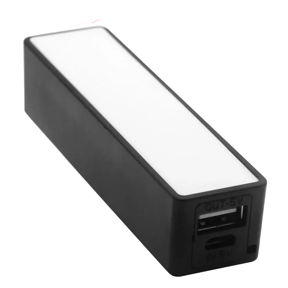 Black rectangular portable power bank with white illuminated panel and usb ports for 18650 battery micro usb charging