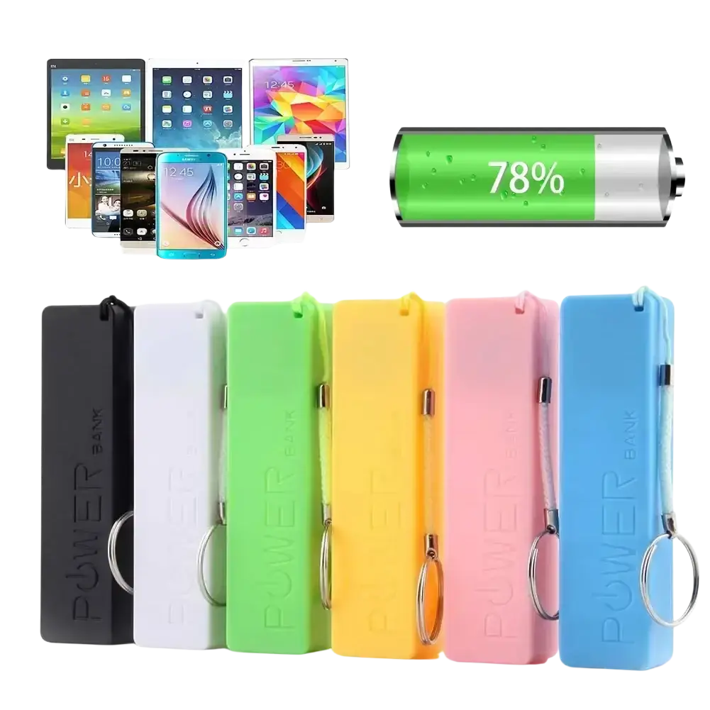 A set of colorful rectangular portable power banks with micro usb and power bank engraving for 18650 battery use