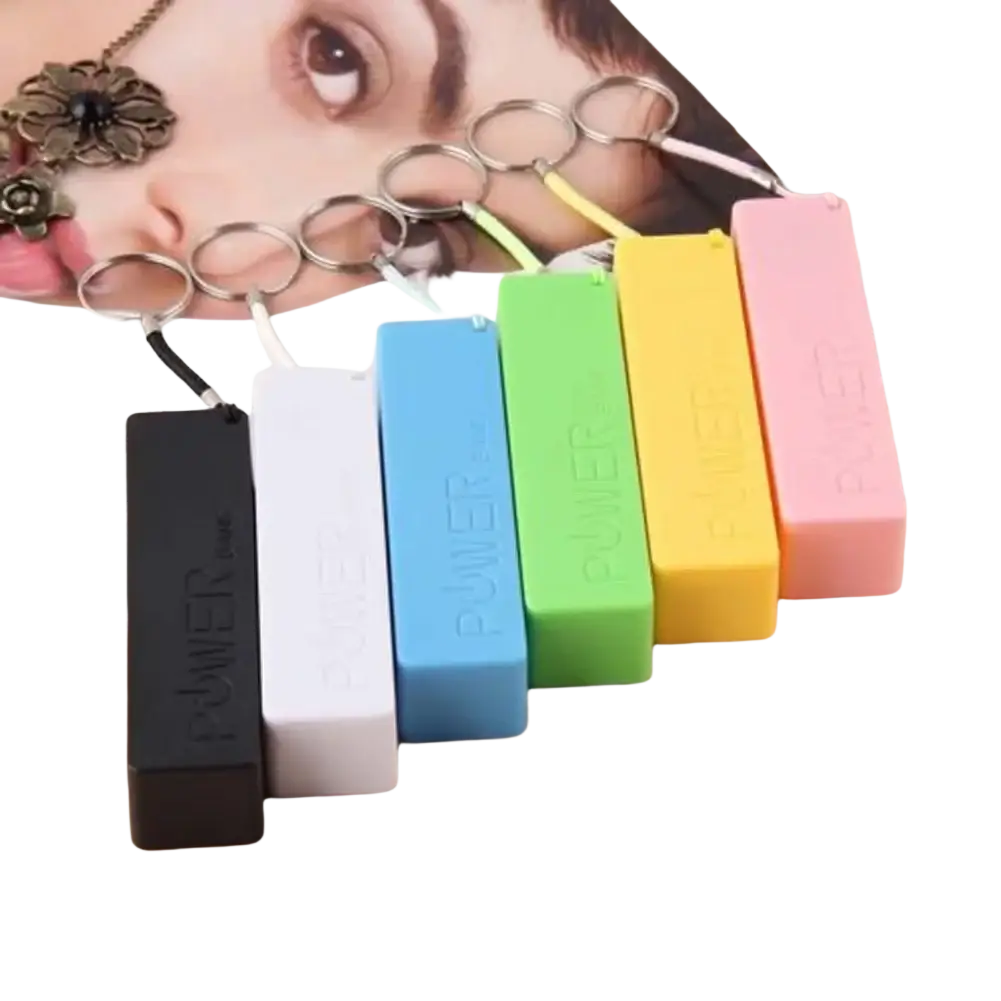 A set of colorful portable power banks for 18650 battery with micro usb in black white blue green yellow and pink