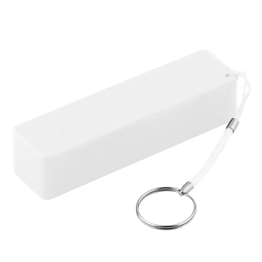 White rectangular portable power bank with micro usb and keychain attachment for 18650 battery use