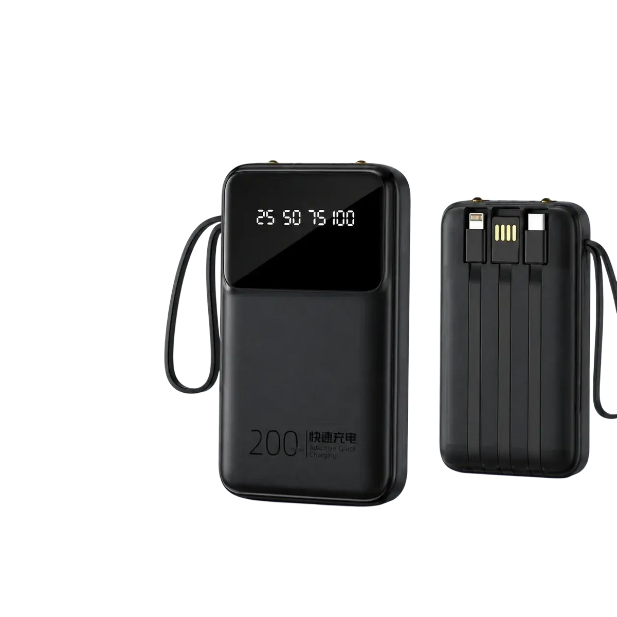 Black portable power bank 20000mAh with built-in 3 cables and digital display for quick charge portable power