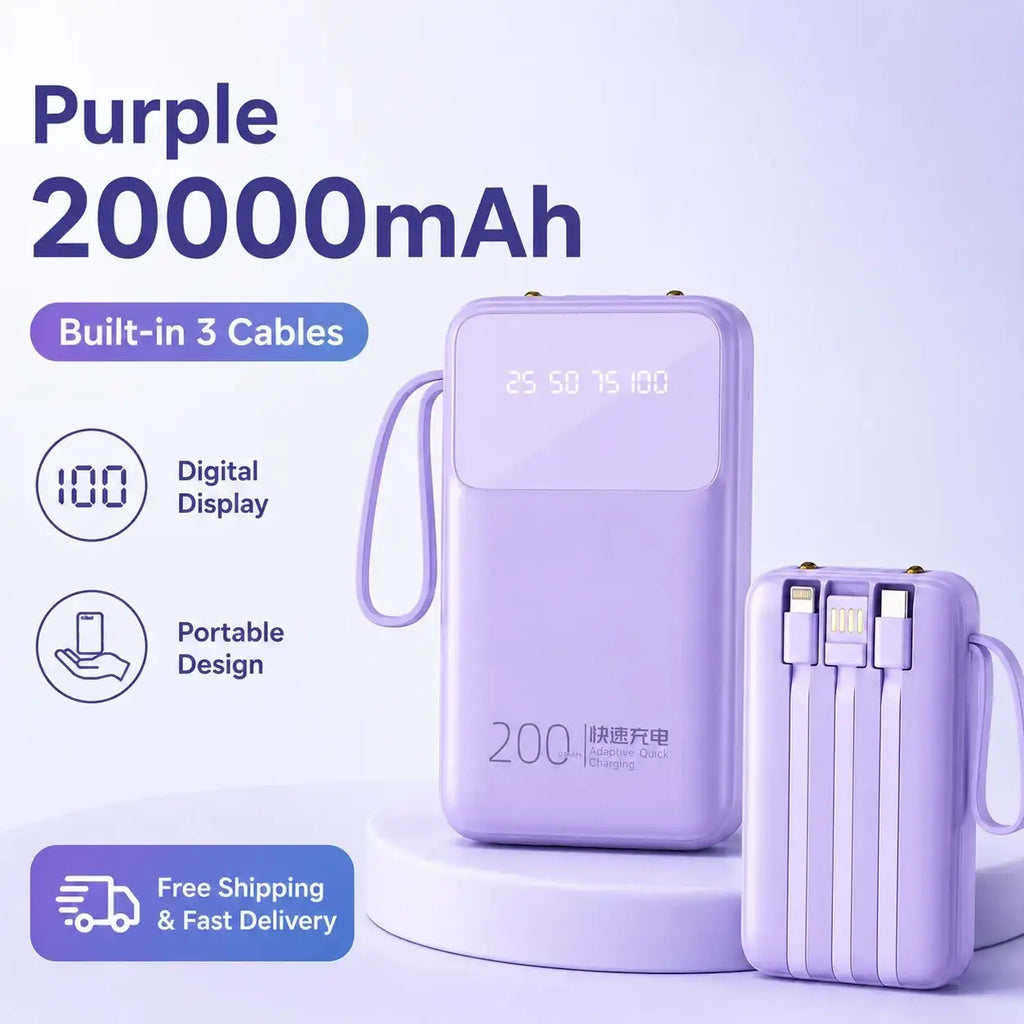 Lavender portable power bank 20000mah with built-in cables and digital display supports quick charge technology