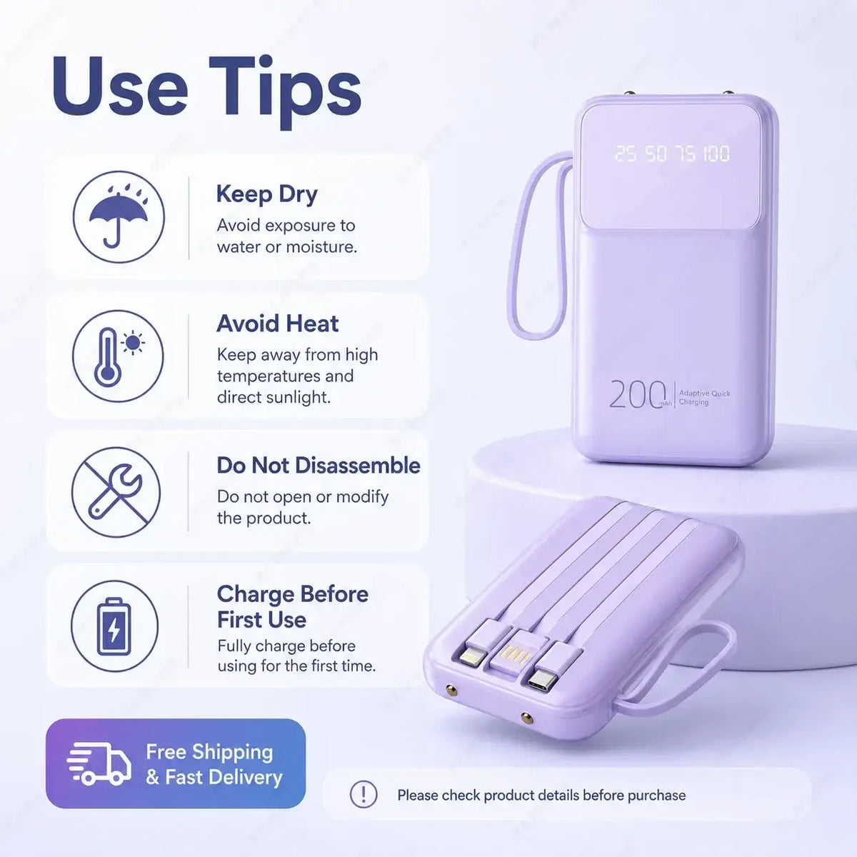 Lavender portable power bank 20000mah with built-in cables quick charge and digital display for efficient portable power