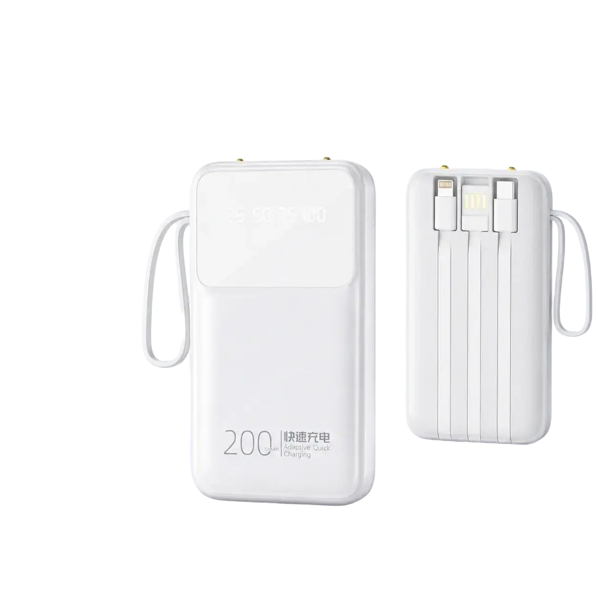 White portable power bank 20000mah with built-in 3 cables and digital display for quick charge and portable power use