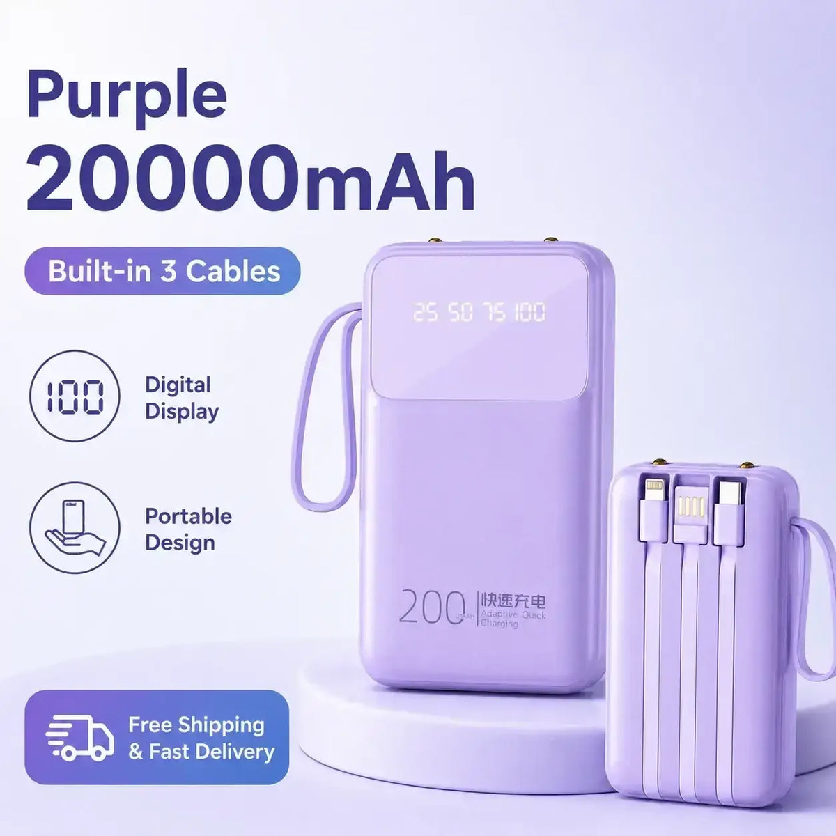 Lavender portable power bank 20000mah with built-in cables and digital display for quick charge portable power