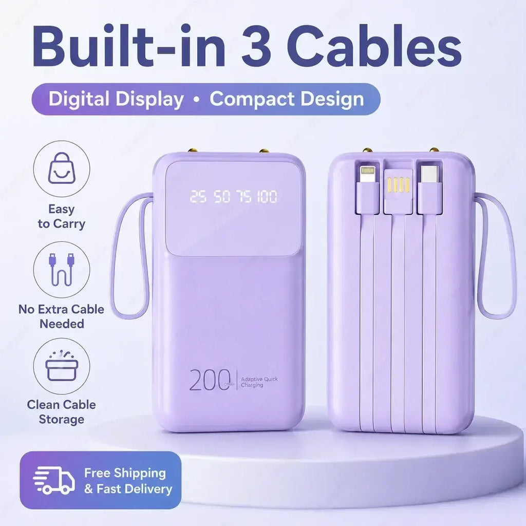 Lavender portable power bank 20000mah with built-in 3 cables and digital display for quick charge portable power use