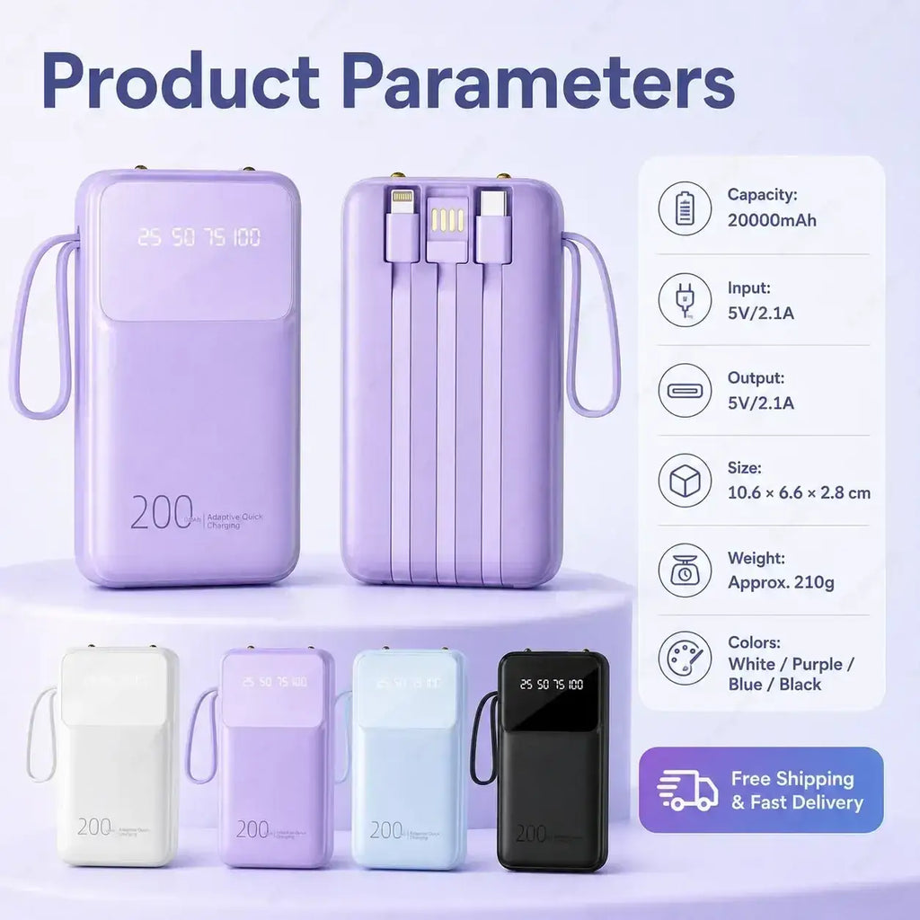 Lavender portable power bank 20000mah with integrated usb-c and lightning cables for quick charge and portable power