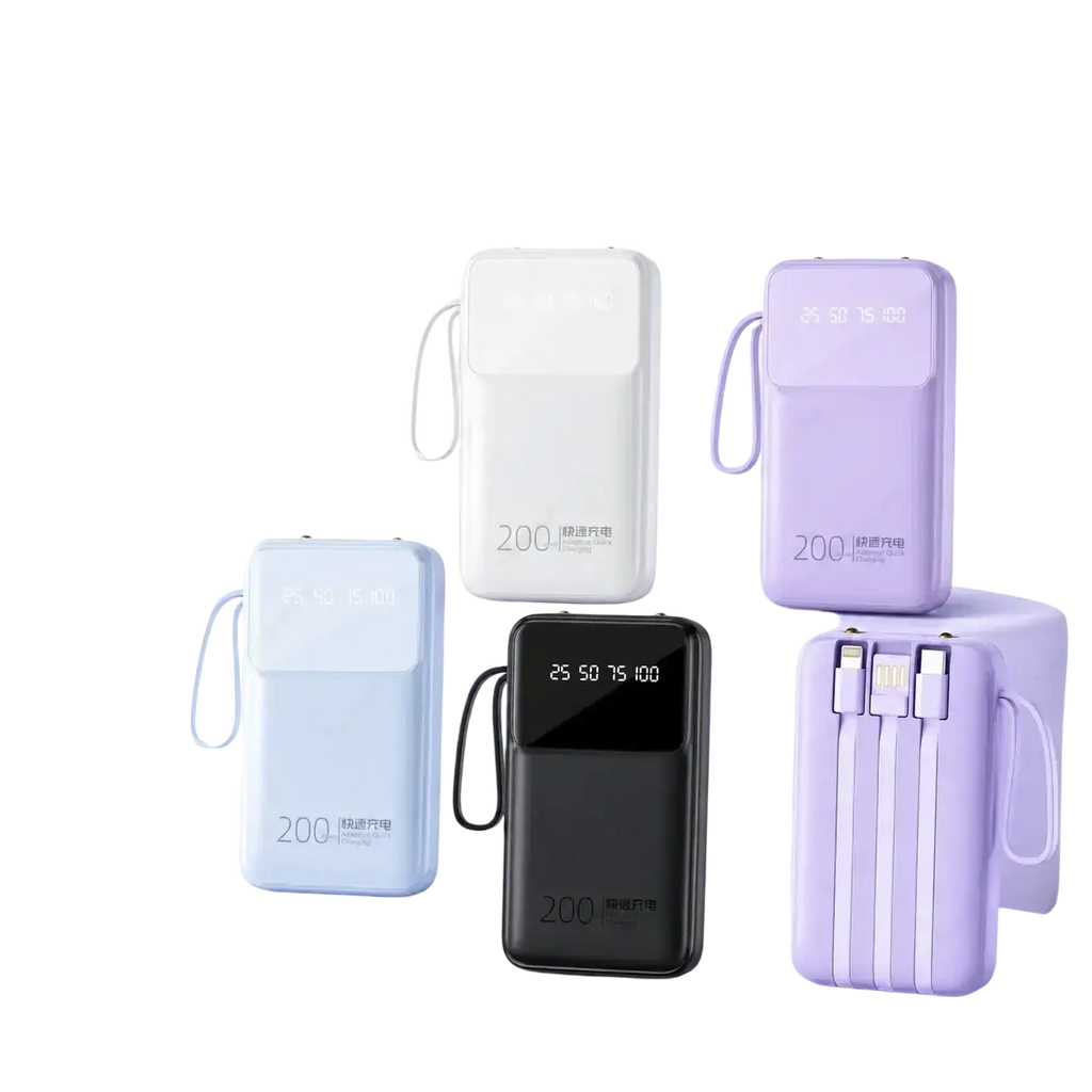 Set of five portable power banks in pastel and black with handle loop and digital display showing 20000mah capacity