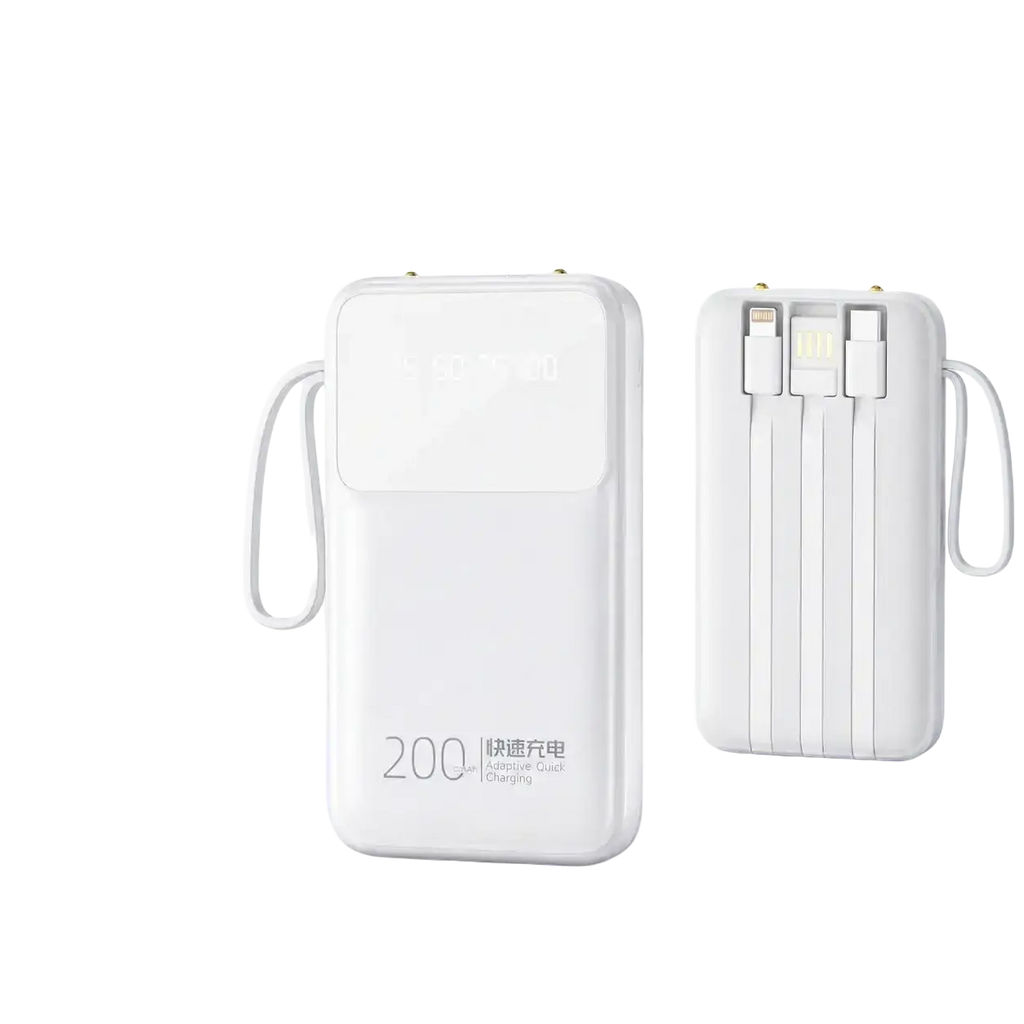 White portable power bank 20000mah quick charge with integrated charging cables and wrist strap for portable power use