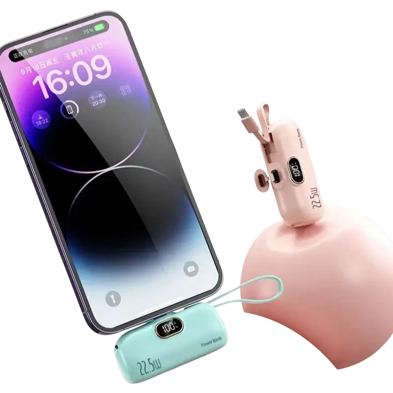 Light blue 22.5w portable power bank with digital display and built-in usb-c cable for fast on-the-go charging