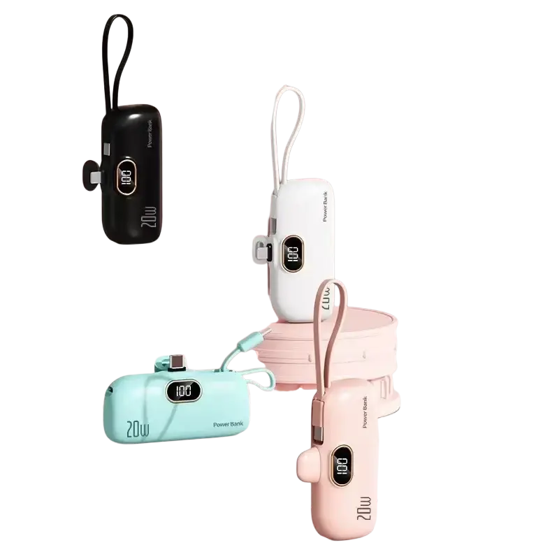 Vivo portable power bank 30000mAh fast charger in black white mint green and blush pink with digital display and lanyard strap