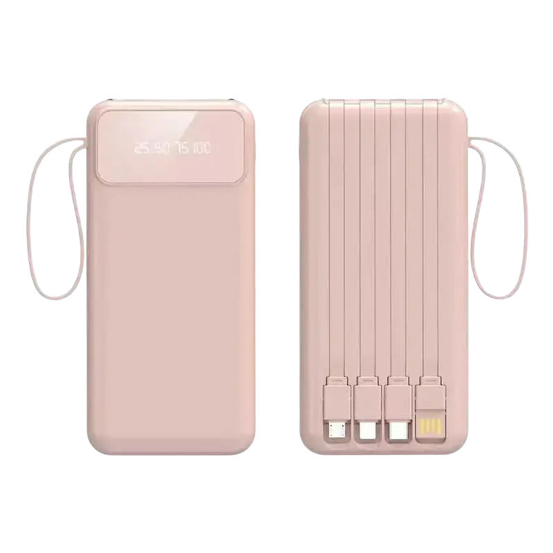 Pink 50000mah portable power bank with fast charging multiple usb ports and built-in cables with wrist strap