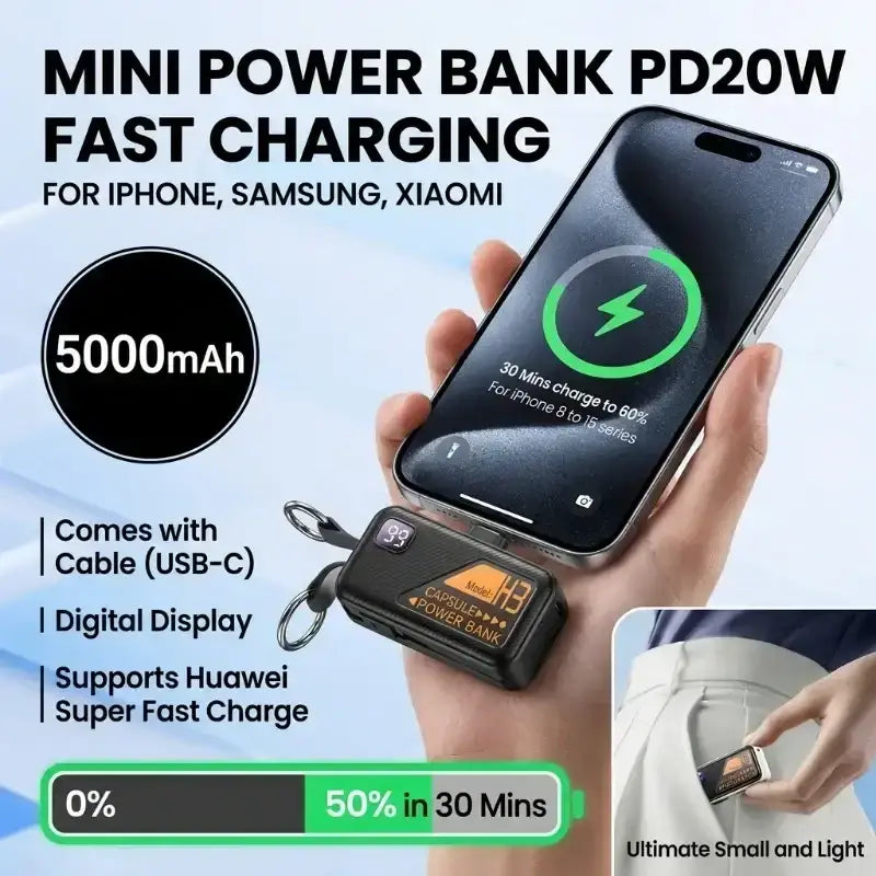 Black capsule-shaped portable power bank with 5000mah capacity digital display and keychain loop for fast charging