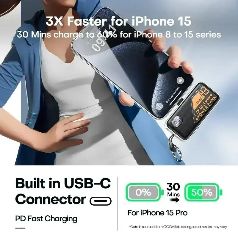 Black capsule-shaped portable power bank with digital display fast charger and gold model number text with keychain loop