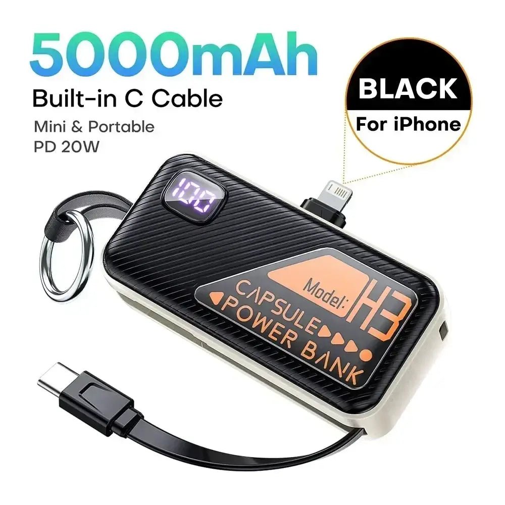 Black capsule-shaped portable power bank with textured surface digital display and built-in c cable for iPhone fast charger