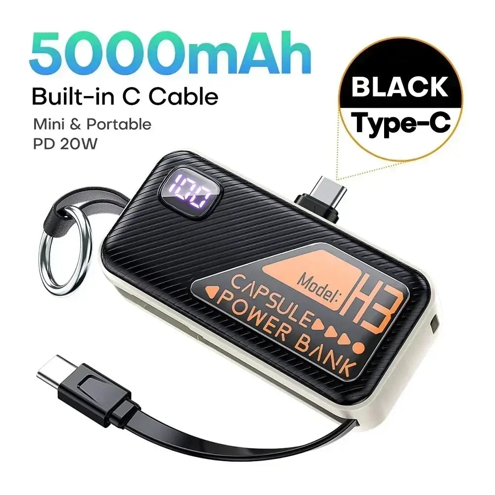 Black capsule-shaped portable power bank with textured surface, orange label model h3, and digital display battery level