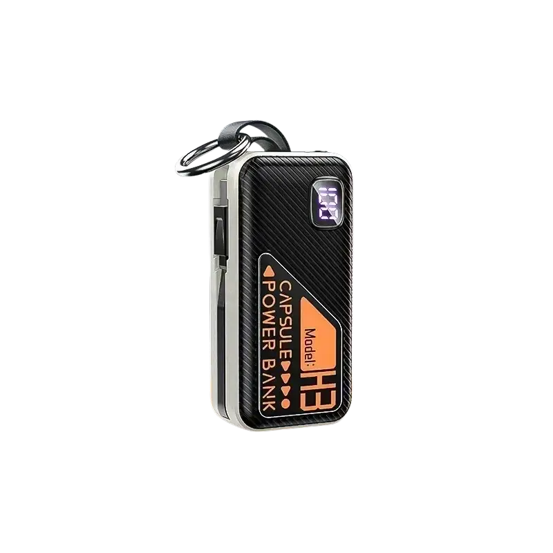 Portable power bank 5000mah with black carbon-fiber texture, orange accent, digital display, and keychain loop