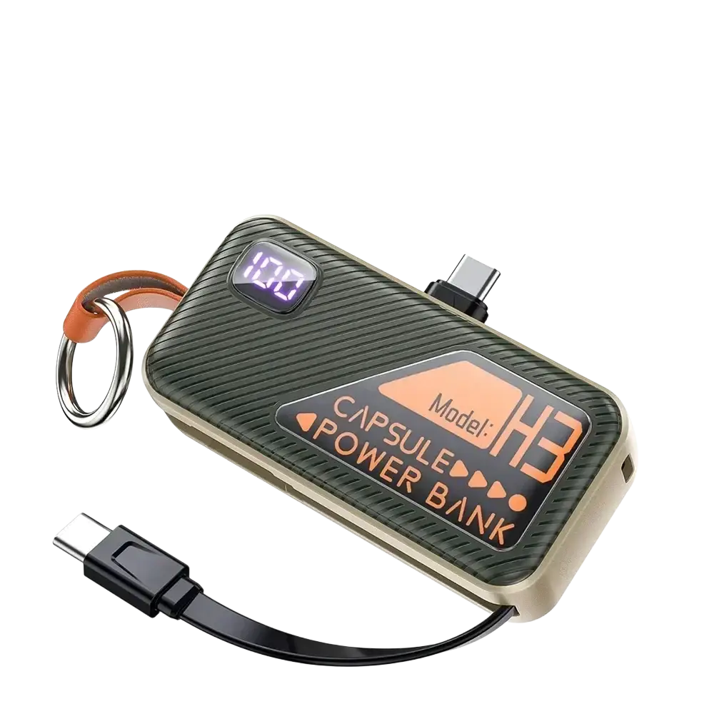 Black carbon-fiber textured portable power bank 5000mah with digital display fast charger and brown type-c port model h3