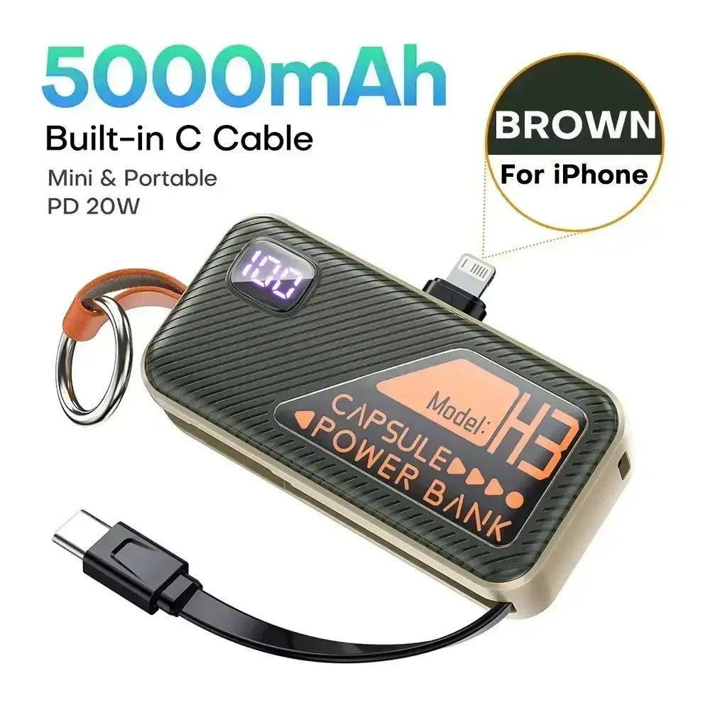 Brown carbon fiber textured portable power bank 5000mah with digital display and integrated usb-c and iphone lightning ports
